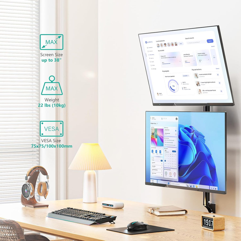 WALI Dual Monitor Wall Mount,Up to 38 inch Screens Vertical Stacked Monitor Wall Mount,VESA 75x75/100x100mm,Holds up to 22 lbs per Monitor,(012ARMV-38) Black