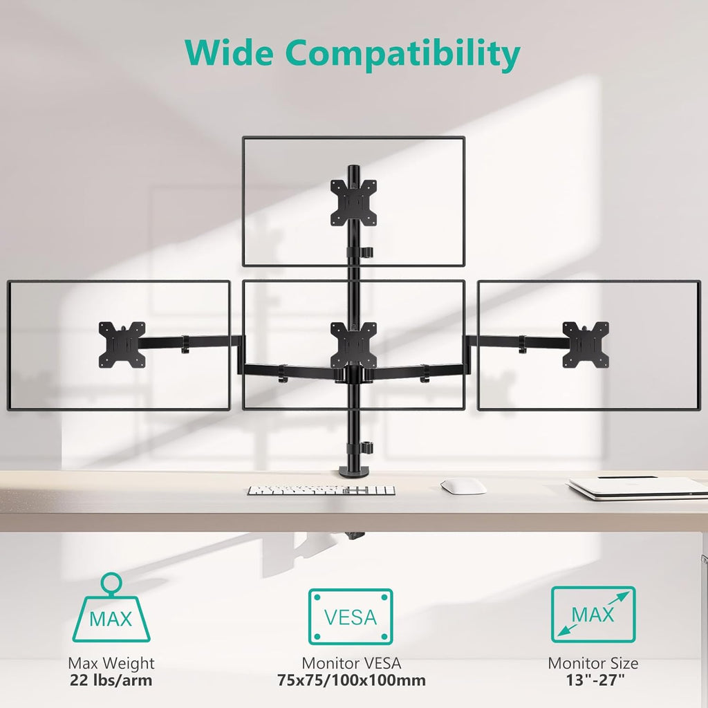 WALI Quad Monitor Mount for 13-27 Inch Screens, Fully Adjustable 4 Monitor Stand with Swivel, Tilt, Rotation, Clamp & Grommet Base Kit, Max Load 22lbs per Screen (M004S), Black