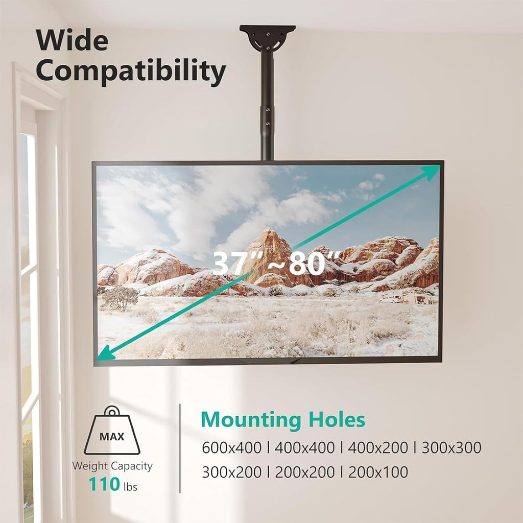 WALI Ceiling TV Mount for Most 37 to 80 inch Flat Screen Display, Hanging TV Mount Bracket with Swivel, Tilt Fits LED, LCD, OLED 4K TVs up to 110lbs, Max Mounting Holes 600x400mm (CM3770), Black