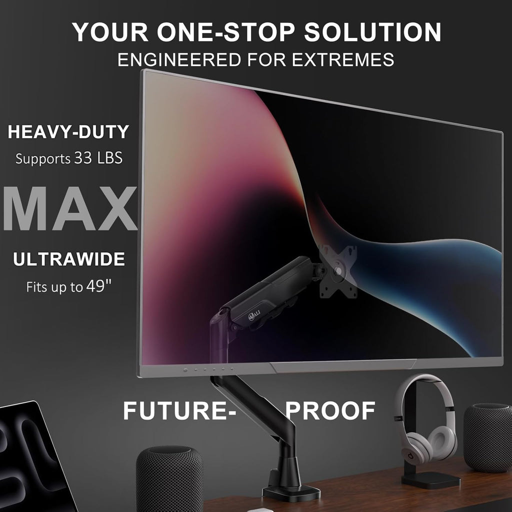 WALI Single Monitor Arm with Desk Mount for 17–49 Inch Screens – Holds Up to 33 lbs, Fully Adjustable VESA Monitor Stand, Heavy Duty Gas Spring for Gaming & Home Office (GSM001XLN)