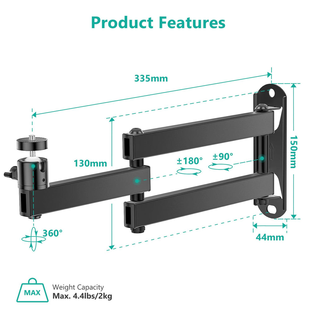 WALI Foldable Projector Wall Mount Universal Adjustable Wall Projector Mount Aluminum Alloy Projectors Stand,1/4" M4 M6 Screw Size,(1330LM-PM), Black