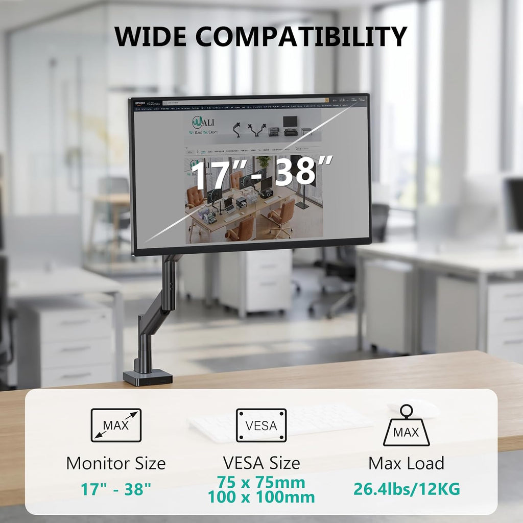 WALI Extra Long Single Monitor Arm for 17-38 inch Screens, up to 26.4 lbs | Tall Monitor Desk Mount, Full Motion with Tilt, Swivel, Rotation, C-Clamp/Grommet Base, VESA 75/100mm (GSMP001L), Black