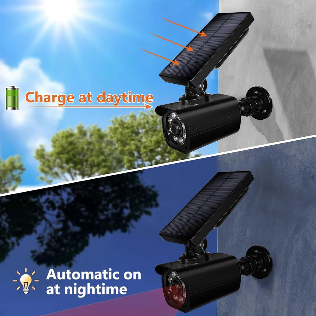 WALI Dummy Fake Camera, Security Camera with Motion Sensor Light, Simulated Surveillance Security CCTV Dome Camera Indoor Outdoor (TCB2-SOL), 2 Packs, Black-Solar