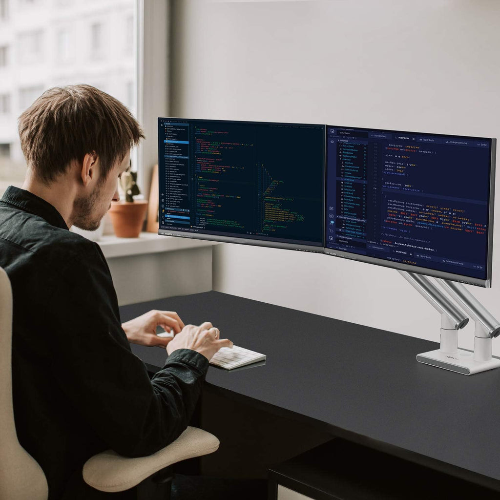 WALI Dual Monitor Stand White Monitor Arms for 2 Monitors, Mechanical Spring Tension Indicator Fully Adjustable Bracket, Up to 32 inch, 22lbs Weight Capacity (MATI002-W), White