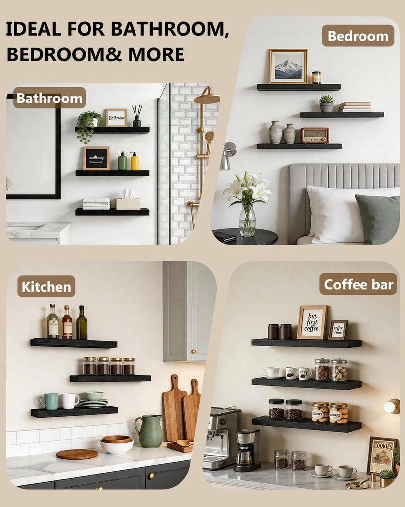 WALI Floating Shelves for Wall, 3 Tier Bathroom Storage Shelf Over Toilet, for Bedroom Bookshelf, Living Room Decor, Kitchen, Nursery, Laundry, Soundbar Floating Shelf Mount Under TV (CS103L), Black
