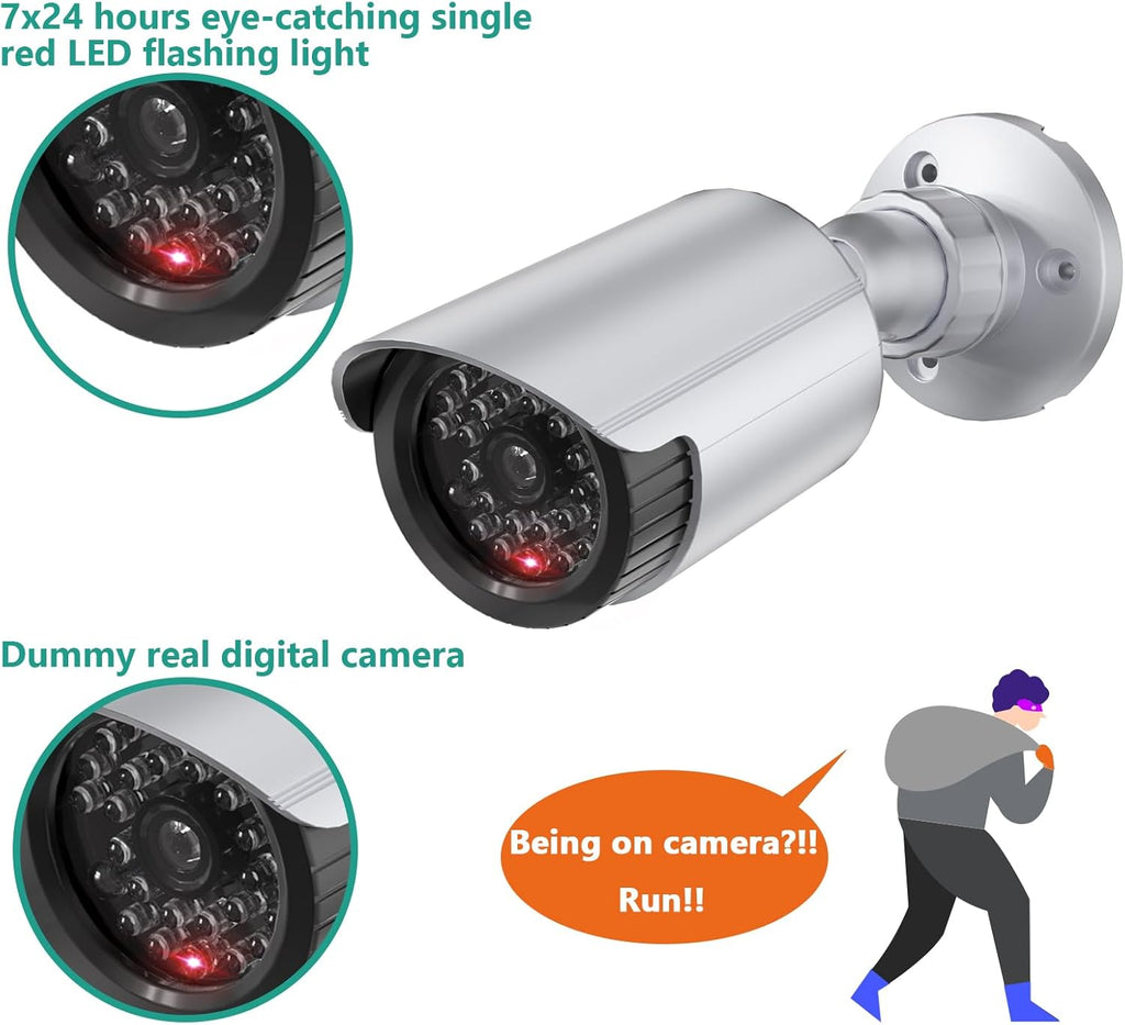 WALI Dummy Fake Simulated Surveillance Security CCTV Dome Camera Indoor Outdoor with One LED Light, Warning Security Alert Sticker Decal (TC-S8), 8 Packs, Silver