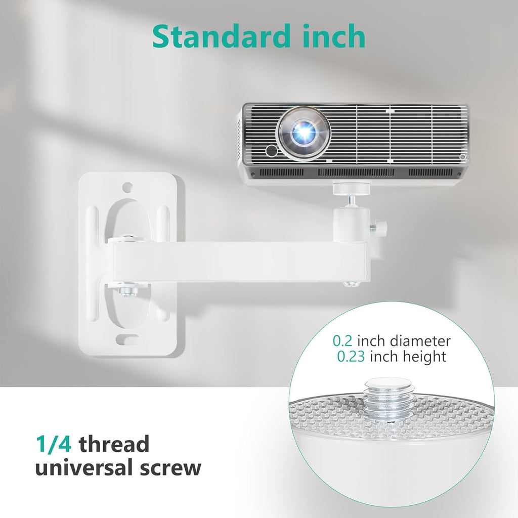 WALI Mini Porjector Wall Mount, Wall Projector Mount for 1/4" M4 M6 Screws, Fully Adjustable Projector Hanging Bracket Ceiling Mount Holder Holds up 22lbs, White (1330LM-PMWS)
