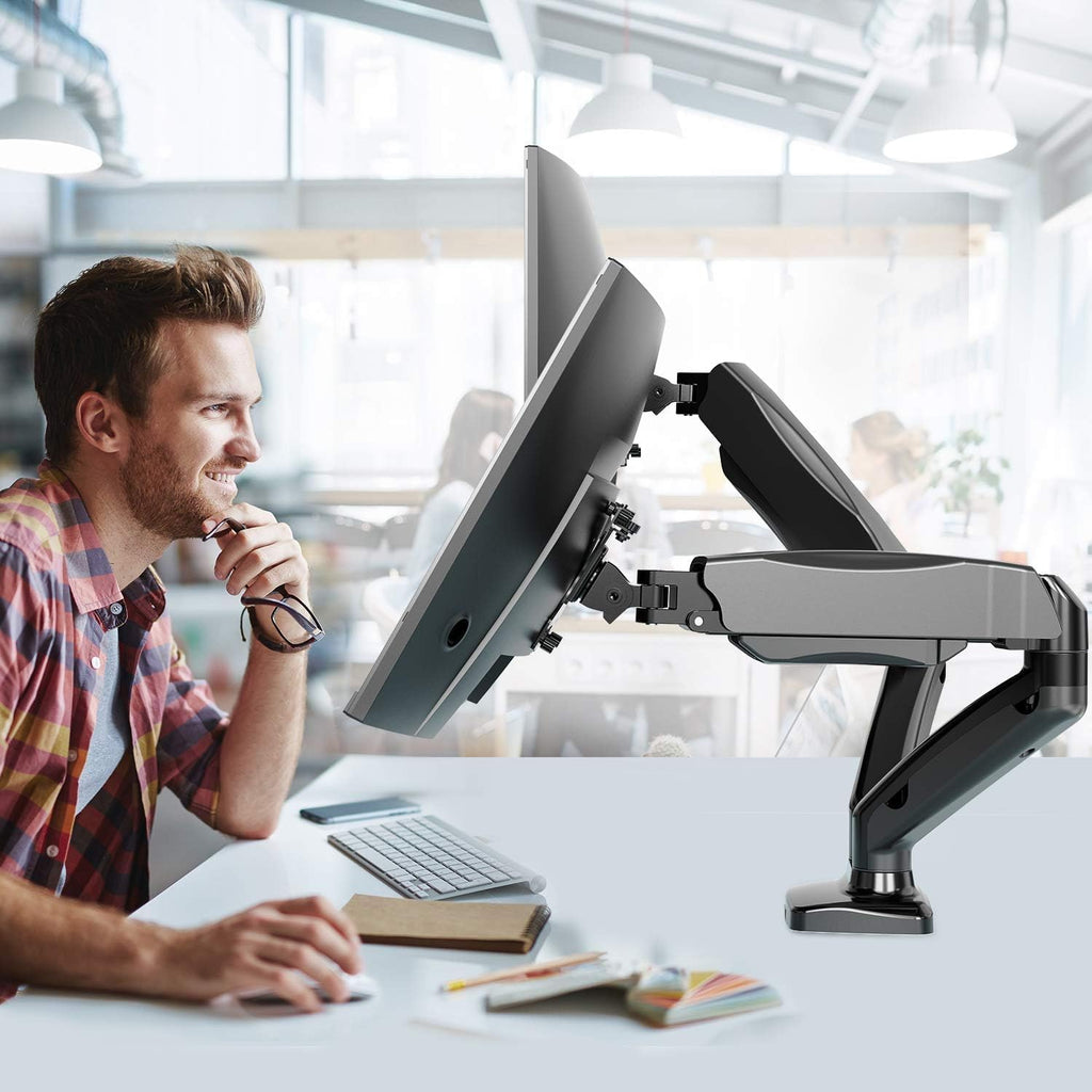 WALI Dual Monitor Mount, Monitor Arms for 2 Monitors Fully Adjustable Gas Spring Desk Mount Swivel Mounting Holes Bracket with C Clamp, Grommet Base for Display Up to 32 Inch 19.8lbs (GSMP002), Black