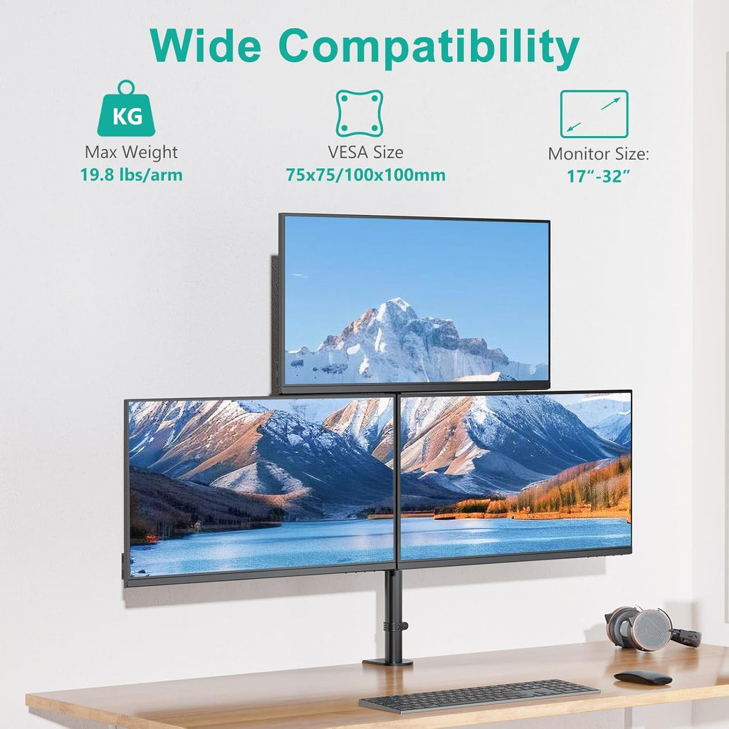WALI Triple Monitor Mount for 13-32 inch Screens, Taller 3 Monitor Desk Mount, up to 19.8lbs, 31.9 inch Height Max, Adjustable Gas Spring Triple Monitors Stand, VESA 75/100mm (GSDM003S), Black