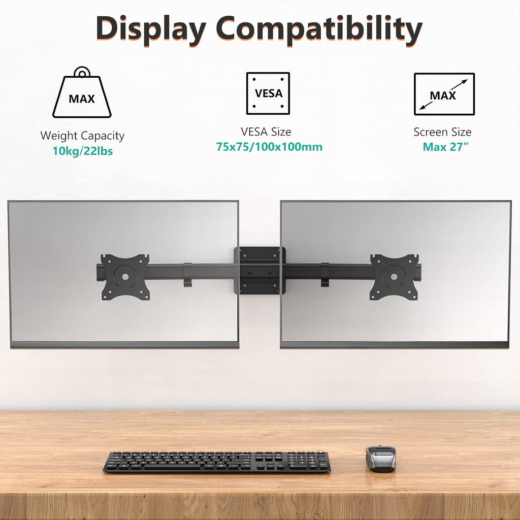 WALI Dual Monitor Wall Mount, Single to Double Bracket Adapter, Horizontal Assembly Arm for 2 Screen up to 27 inch (012ARM), Black