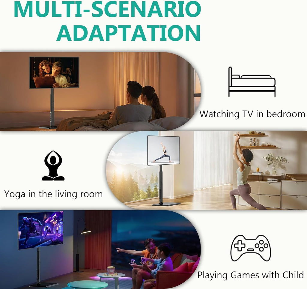 WALI Floor TV Stand with Power Outlet, Tall TV Stand Mount for 32-75 inch TV up to 110 lbs, Swivel and Height Adjustable TV Stands with Wood Base for Bedroom, Office(TVDVD-7P), Black