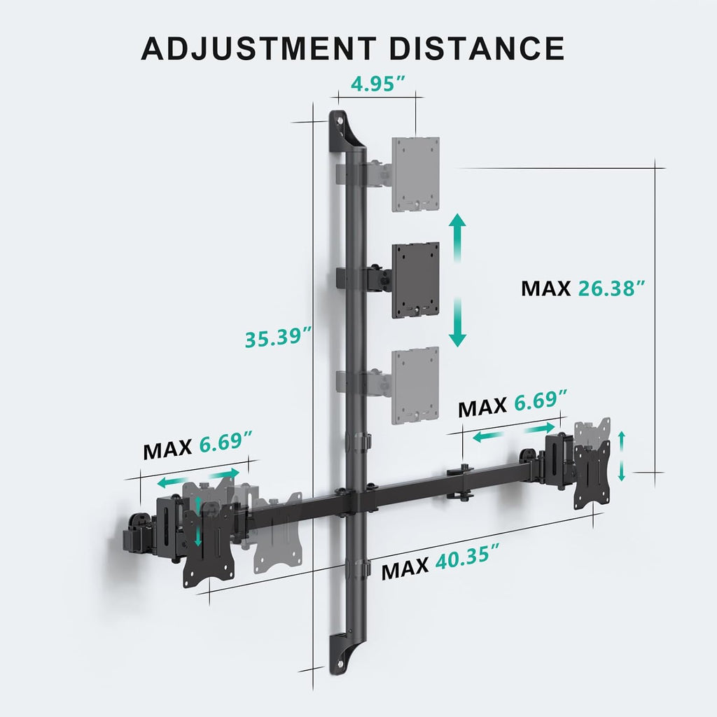 WALI Triple Monitor Wall Mount for 13 to 49 Inch, 3 Monitor Wall Mount Computer Monitor Arm for Ultrawides Screens, Swivel Tilt Wall Mount with VESA 75/100 mm, Per Arm Holds Up to 22lbs