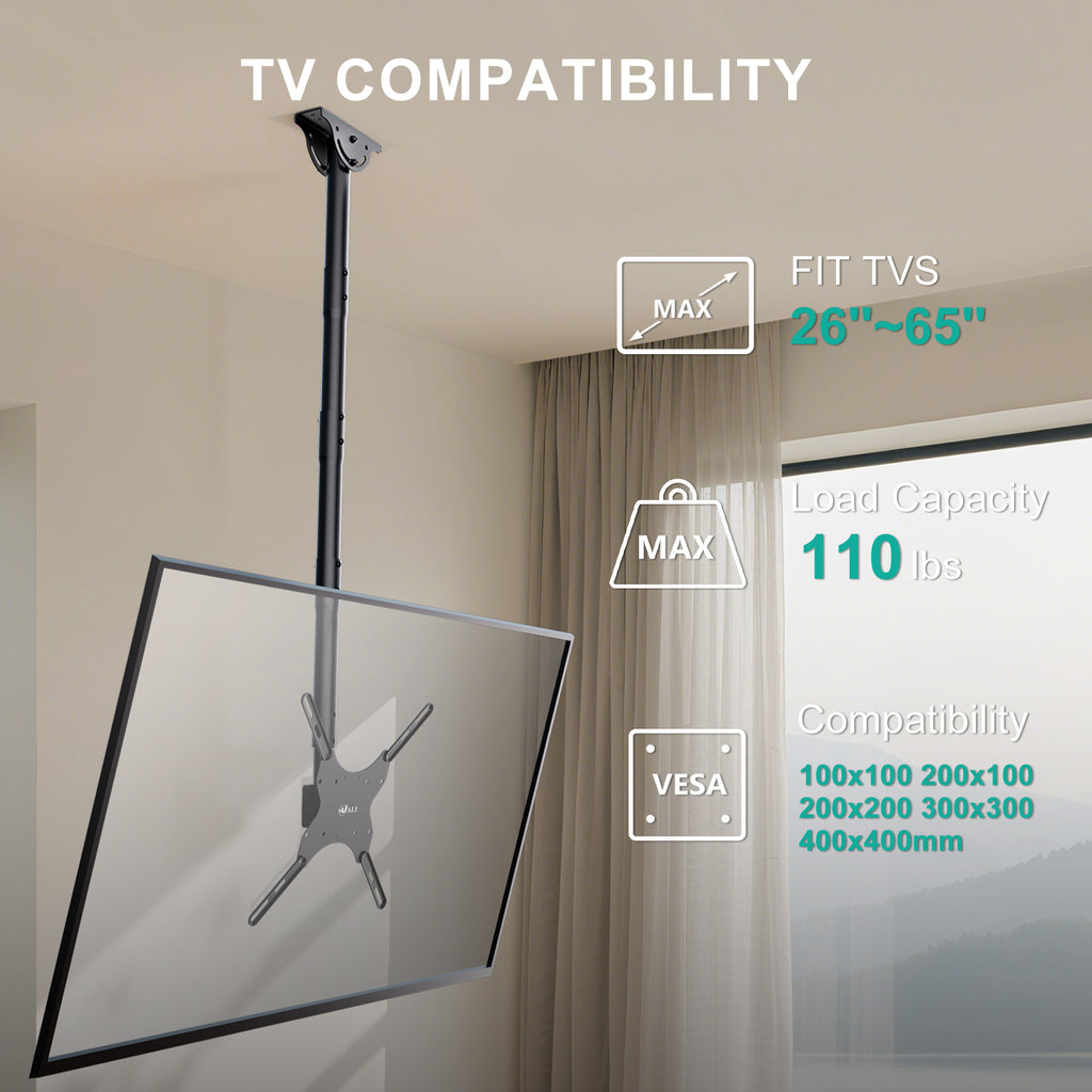 WALI Long Arm TV Ceiling Mount, Fits Most LED, LCD, OLED and Plasma Flat Screen Display 26 to 65 Inch, up to 110 Lbs, Height Extension up to 58 Inch, Mounting Holes up to 400x400mm (CM2665XL), Black