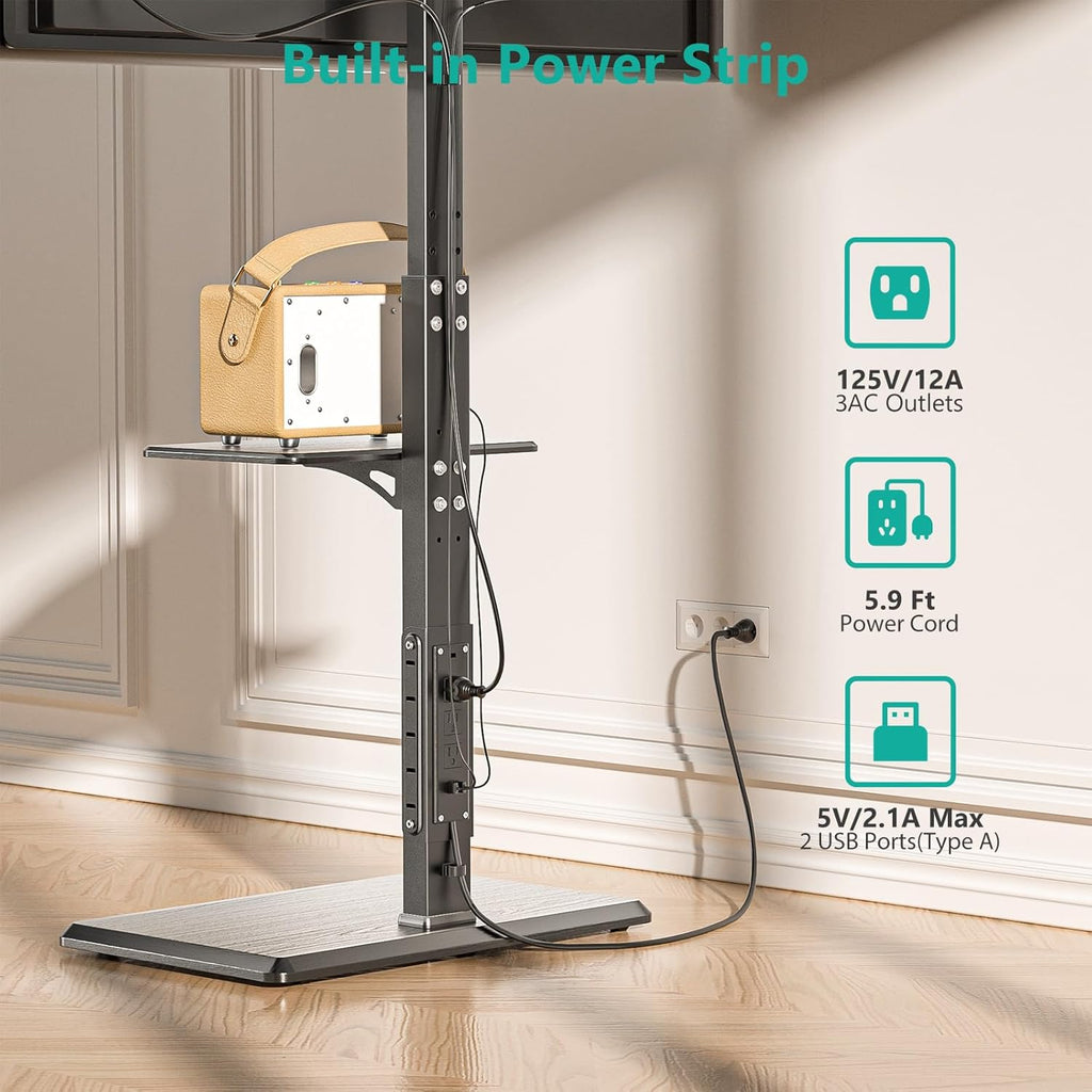 WALI Floor TV Stand with Power Outlet & AV Shelf, Tall TV Stand Mount for 32-75 inch TV up to 110 lbs, Swivel and Height Adjustable TV Stands with Wood Base for Bedroom, Office(TVDVD-6P), Black