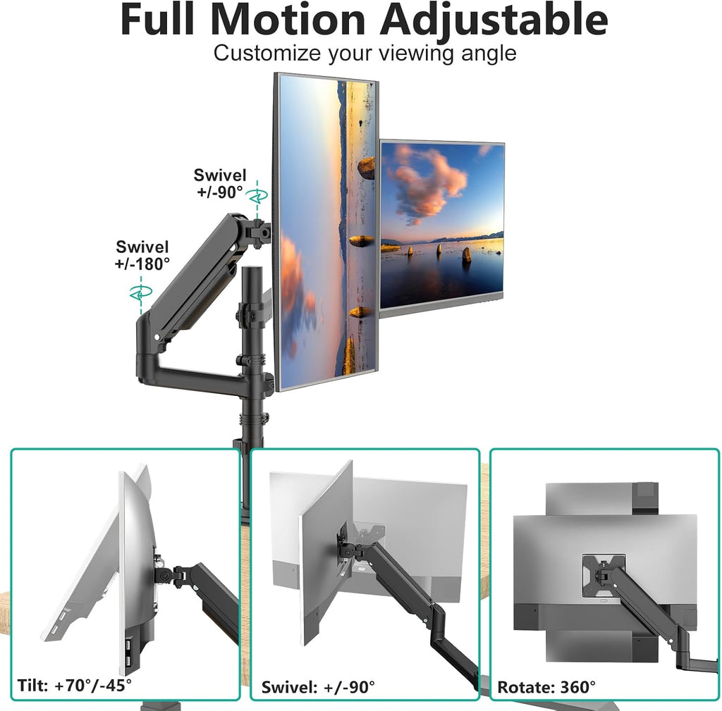 WALI Tall Dual Monitor Desk Mount for 13-33 inch Screens, 19.8 lbs per Arm | Dual Monitor Arms for 2 Monitors, Full Motion with Tilt, Swivel, Rotation, C-Clamp & Grommet, VESA 75/100mm (GSDM002), Black