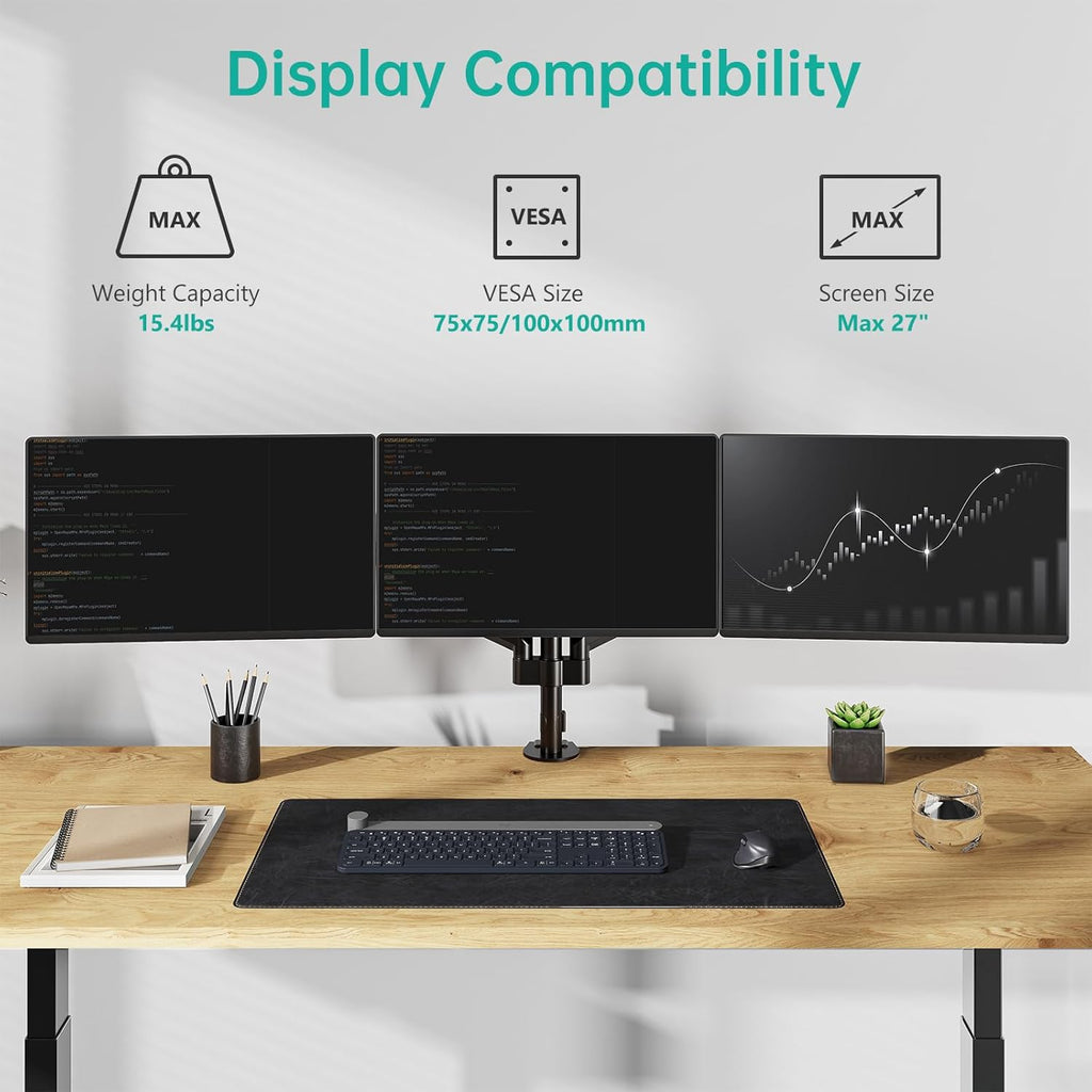 WALI Triple Monitor Mount for 13-27 inch Screens, Adjustable 3 Monitors Desk Mount with Swivel, Tilt, Clamp & Grommet Kit, Gas Spring Arm Triple Monitor Stand, VESA 75x75/100x100mm (GSDM003), Black