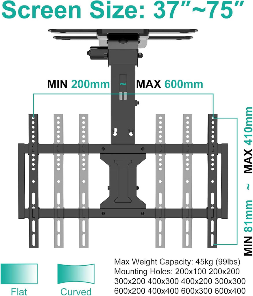 WALI Electric Ceiling TV Mount for 37 to 75 inch Screens, Flip Down Motorized TV Mount with Remote, Flat and Curved TVs Up to 99 Lbs, Pitched Roof, Max Mounting Holes 600x400mm (FCM604A), Black