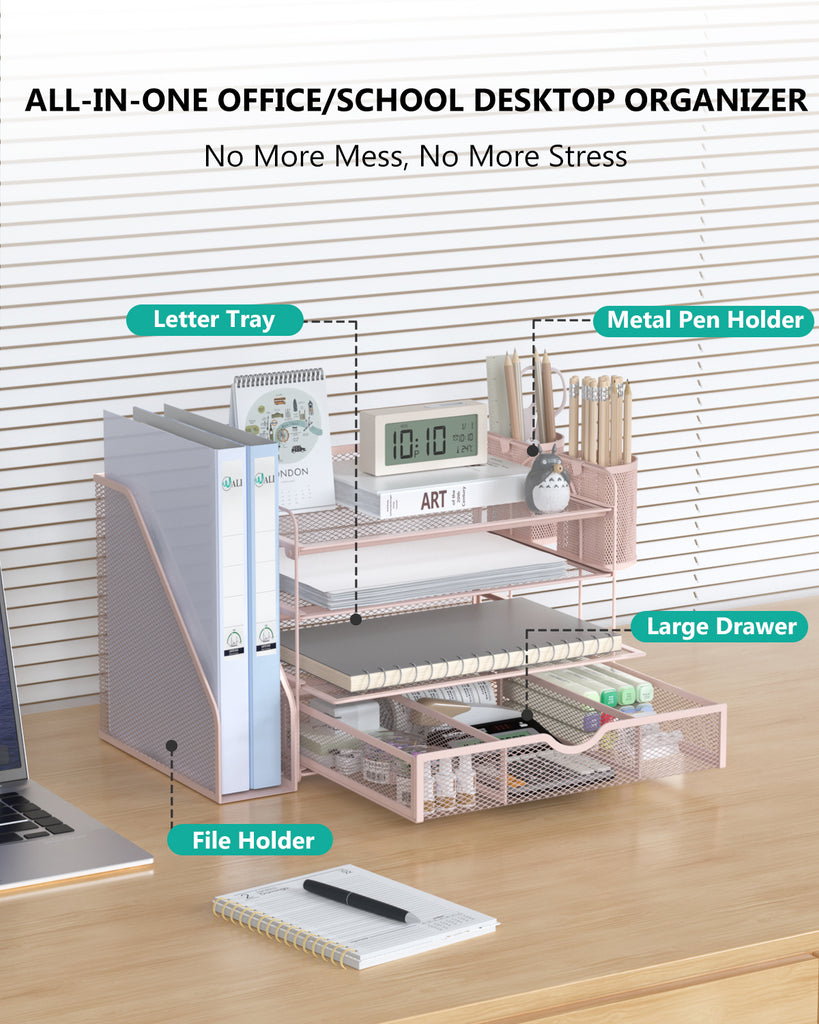 WALI Desk File Organizer, 4 Tier Desktop Paper Letter Tray Organizer with Drawer and 2 Pen Holders, Office Desk Accessories & Workspace Organizers for Office, Home Supplies(DO005DH-P), 1 Pack, Pink
