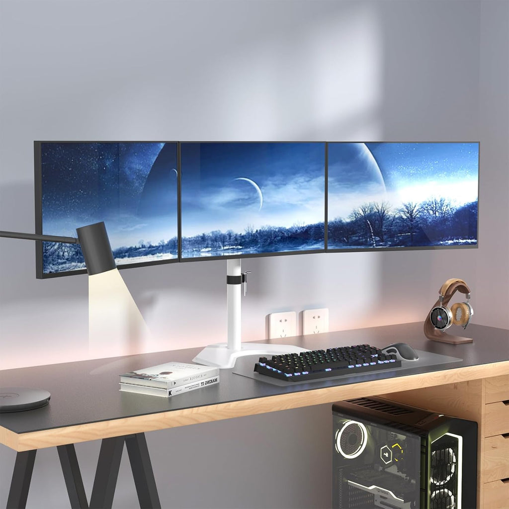 WALI Triple Monitor Stand, Free Standing Three LCD Monitor Fully Adjustable Desk Mount Fits 3 Screens up to 27 inch, 22 lbs Weight Capacity per Arm (MF003-W), White