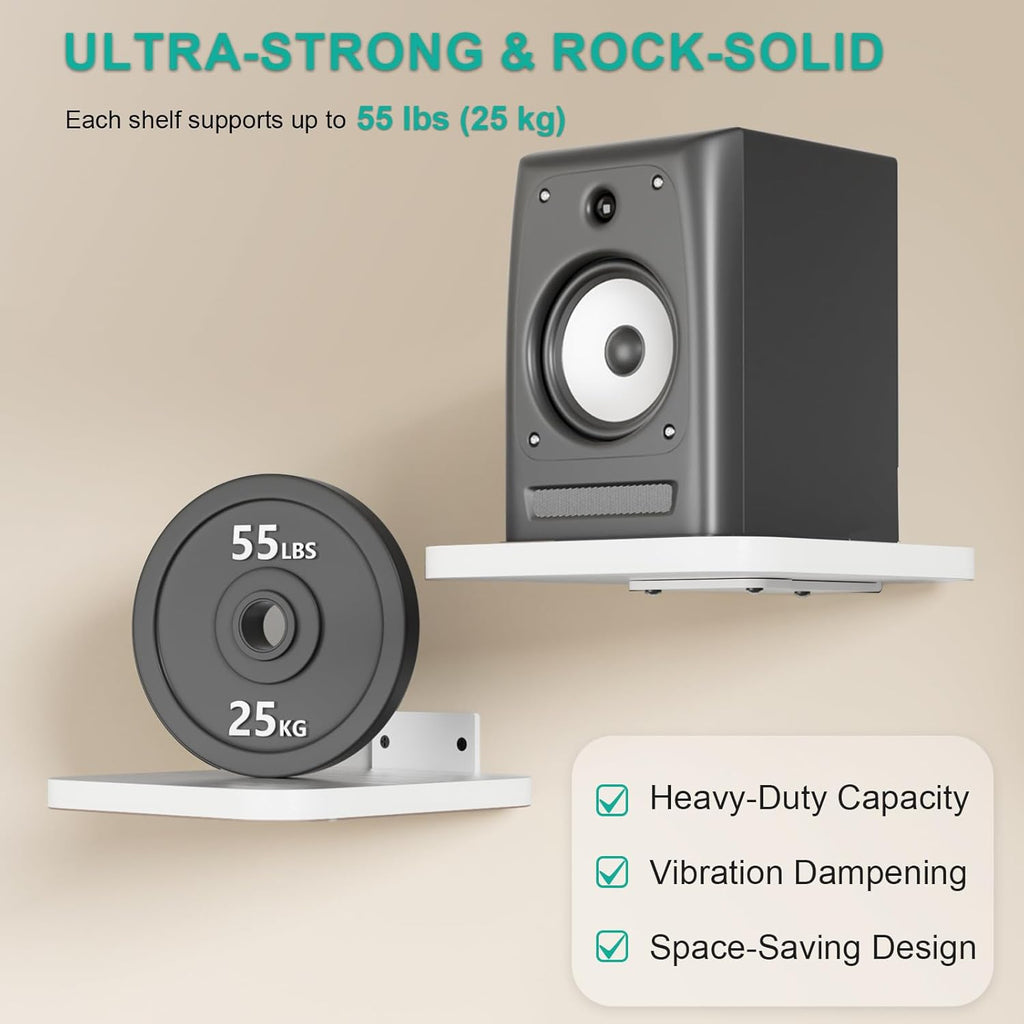 WALI Speaker Wall Mount, Heavy Duty Bookshelf Speaker Floating Wall Shelves, Surround Sound Speakers Stand for Living Room, Home Theater and Gaming Room, Holds up to 55 Lbs, (SWM302W), 1 Pair, White