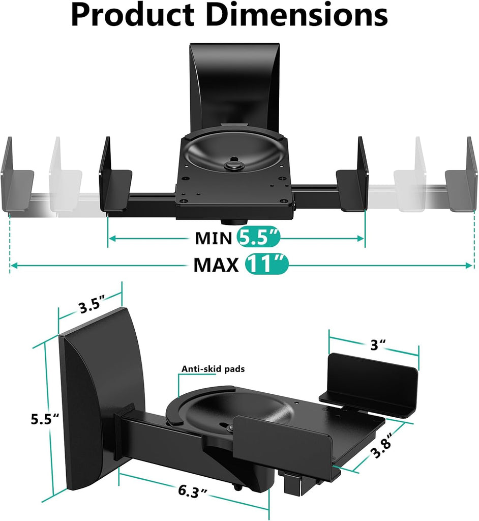 WALI Speaker Wall Mounts, Dual Side Clamping Bookshelf Mounting Bracket for Large Surrounding Sound Speakers, Hold up to 55 lbs. (SWM201), 1 Pair, Black