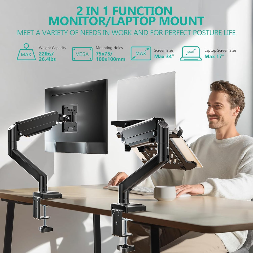 WALI Laptop Desk Mount, 2-in-1 Monitor Mount Fit 17” Notebook and 34” Monitors, Laptop Stand for Desk Adjustable Height, Gas Spring Monitor Arm with Laptops Holder, Up to 22-26.4lbs(GSMP001LPN), Black