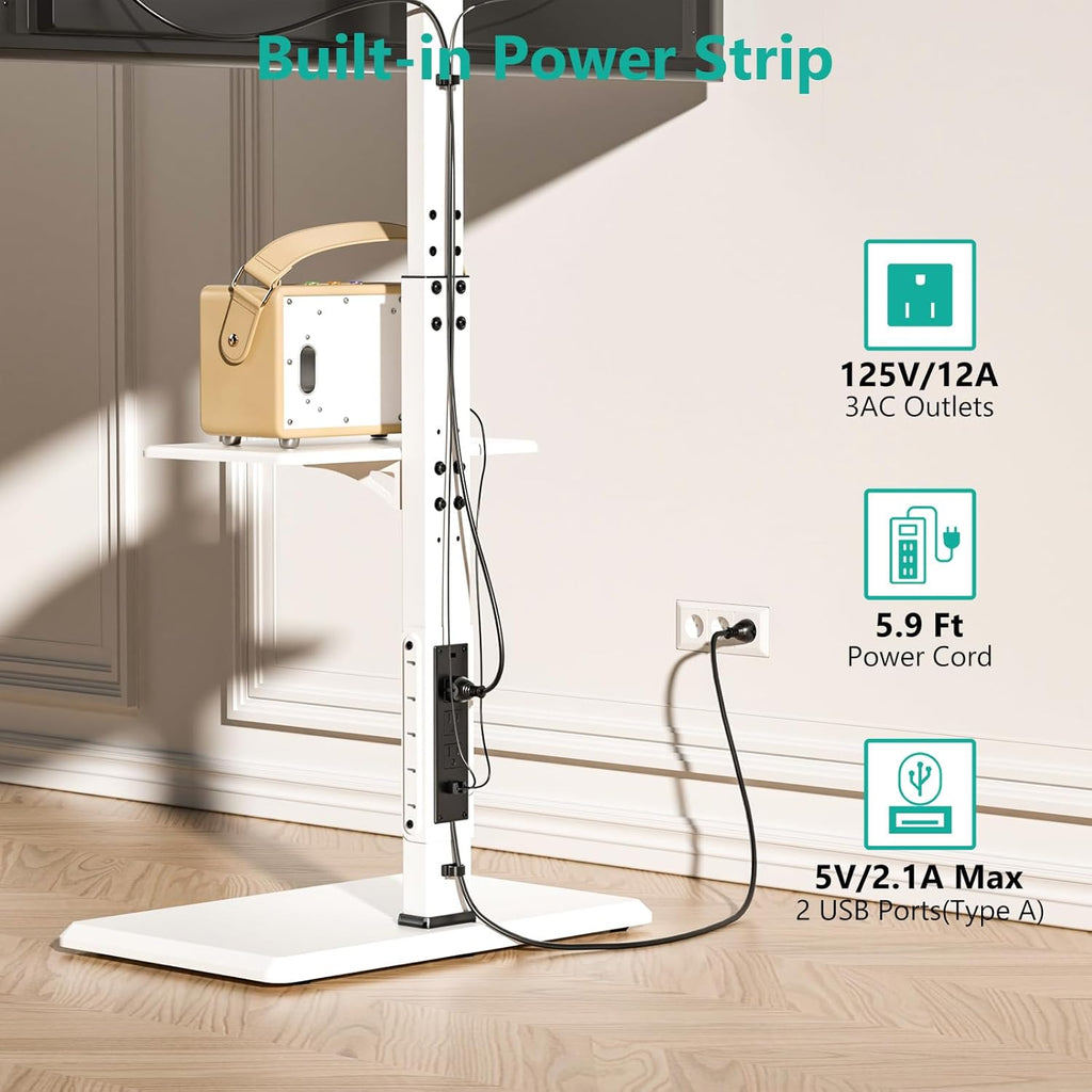 WALI Floor TV Stand with Power Outlet & AV Shelf, Tall TV Stand Mount for 32-75 inch TV up to 110 lbs, Swivel and Height Adjustable TV Stands with Wood Base for Bedroom, Office(TVDVD-6PW), White