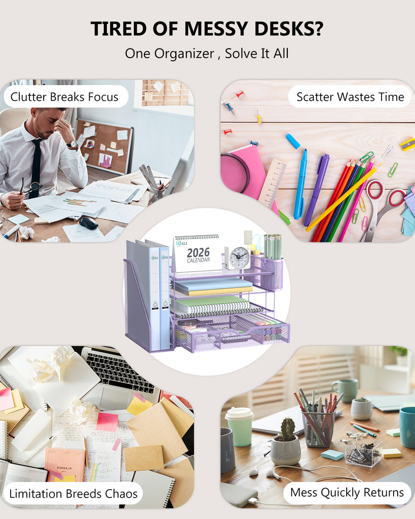 WALI Desk File Organizer, 4 Tier Desktop Paper Letter Tray Organizer with Drawer and 2 Pen Holders, Office Desk Accessories & Workspace Organizers for Office, Home Supplies(DO005DH-V), 1 Pack, Purple