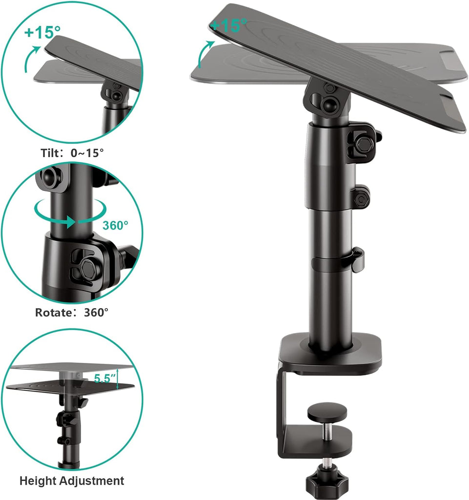 WALI Studio Monitor and Speaker Stand, Clamp-on Desktop Stand Set of 2, Height Adjustable Universal Audio Holder for Bookshelf Speakers Laptops Projectors (SDS003), Black