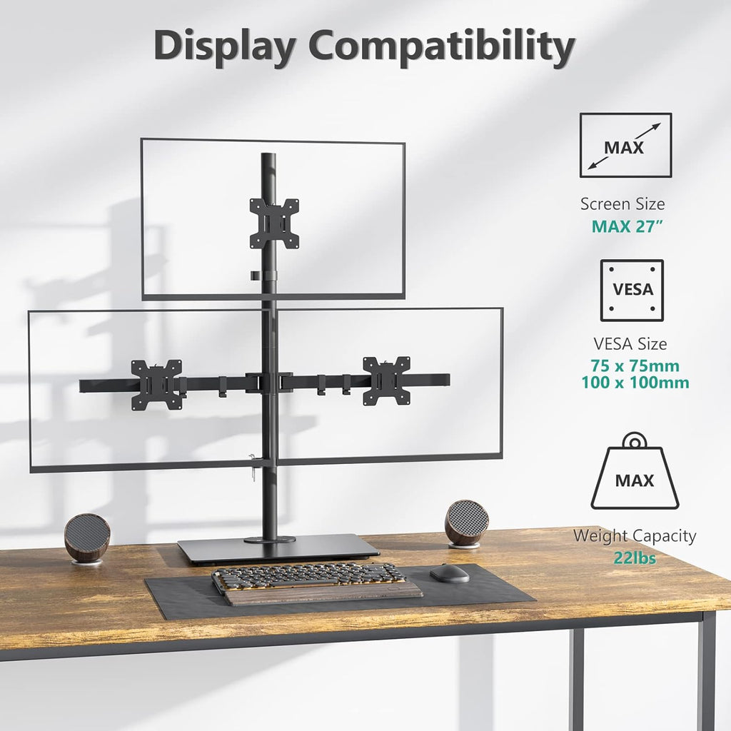 WALI Freestanding Triple Monitor Mount, Fully Adjustable Three Monitor Desk Mount, 3 Monitors Stand for 17-27 Inch Screens, Max Load 22lbs per Arm (GMF003), Black