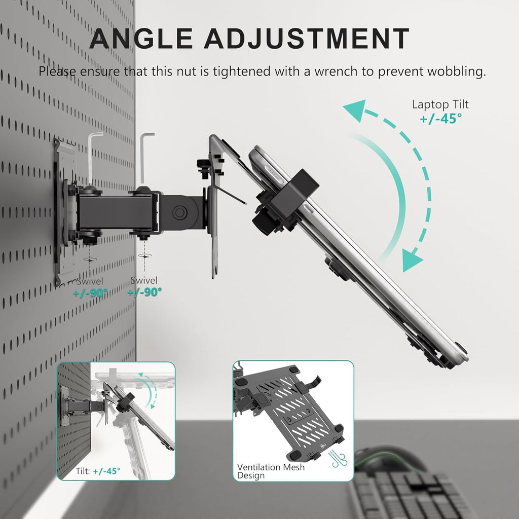 WALI Articulating Pegboard Adjustable Mount for Laptop and Monitor 2 in 1 with Vented Tray, Fits 1" Hole Spacing & Up to 1/4" Hole Diameter, Supports Laptop or Monitor Under 8.8lbs, PM00LP, Black