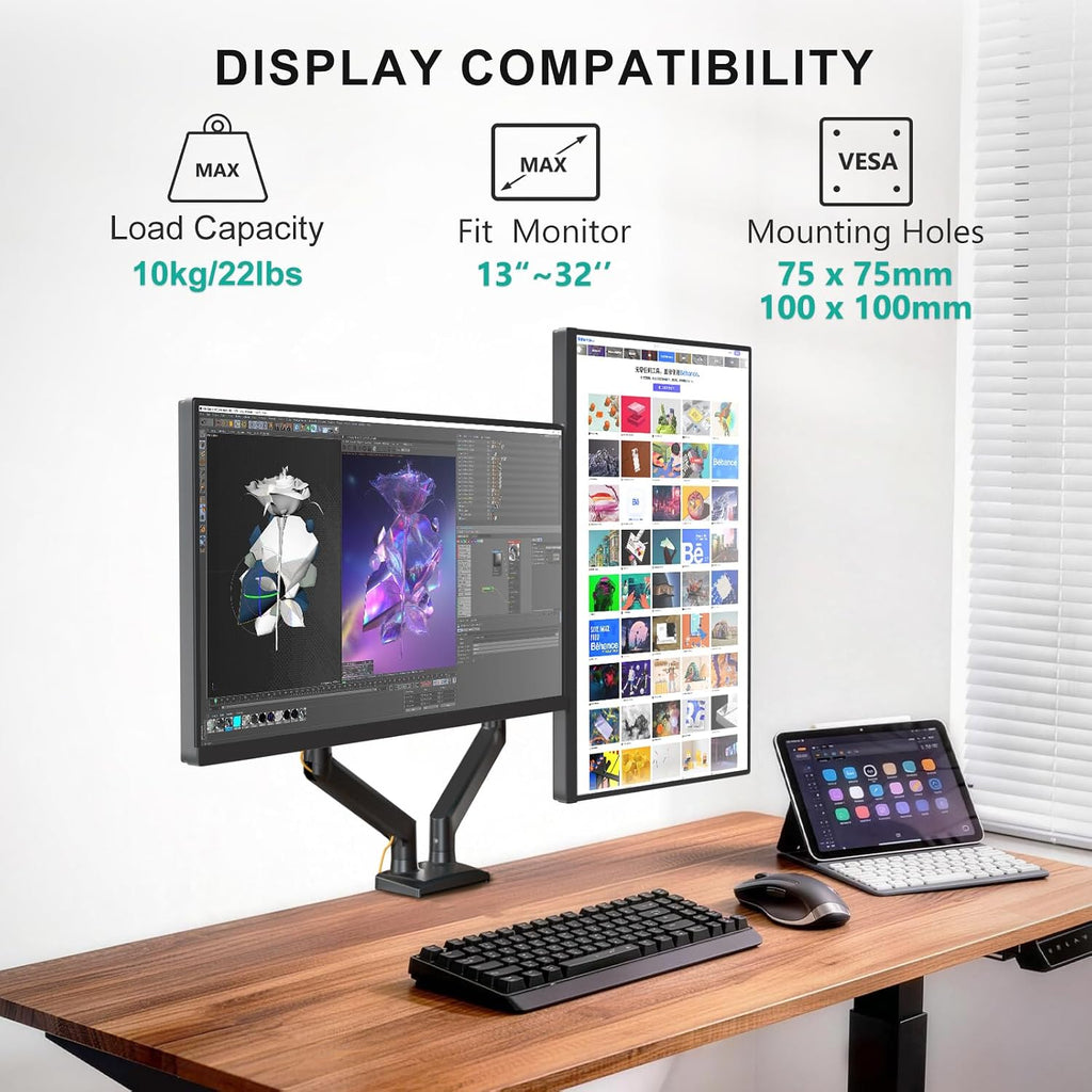 WALI Adjustable Dual Monitor Arm for 13-32 inch Screens, 22 lbs per Arm | Dual Monitor Stand for Desk, Full Motion with Tilt, Swivel, Rotation, C-Clamp & Grommet Base, VESA 75/100mm (GSMP002N), Black