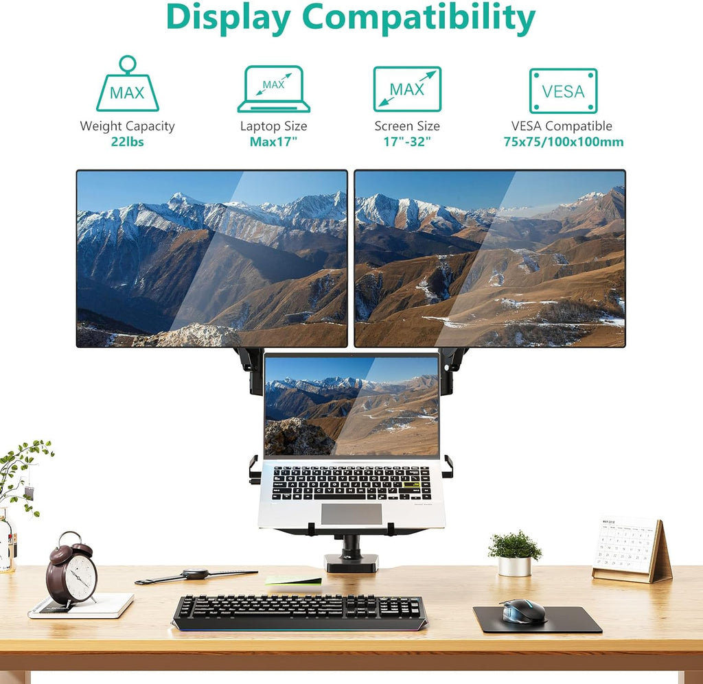 WALI Laptop Mount and Dual Monitor for Max 32" Monitor and 17" Laptop, Adjustable Spring Arm with Tilt, Swivel and Rotation, Dual Monitor and Notebook Stand with VESA 75/100mm(GSDM003LP), Black