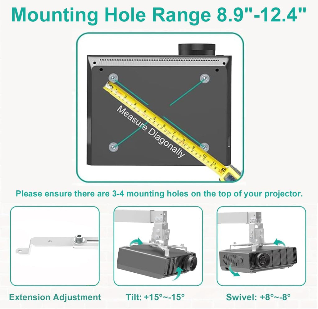 WALI Projector Mount Ceiling/Wall - Universal 3-in-1 Bracket with Extension Pole, Height Adjustable Holder for LCD/DLP Projectors, Supports up to 44lbs, White (PM-003-W)