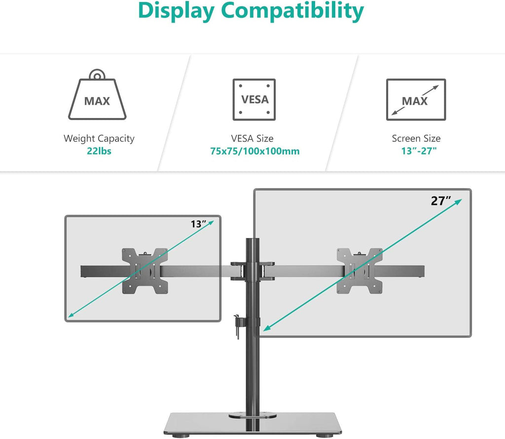 WALI Free Standing Dual Monitor Stand, Height Adjustable Monitor Mount with Glass Base, Fits LCD LED Flat Curved Screen up to 27 inch, 22lbs, with Grommet Base (GMF002)