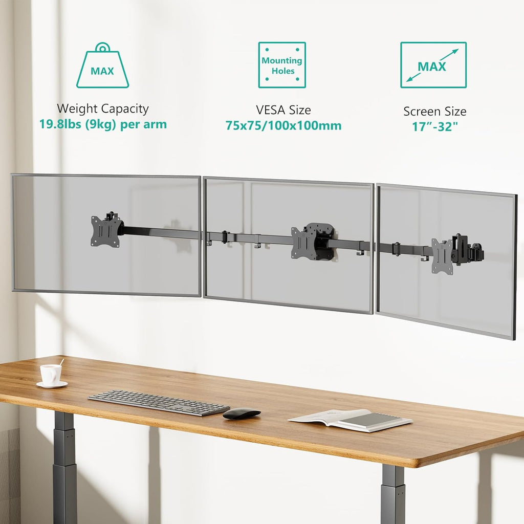 WALI Triple Monitor Wall Mount for 32" Screens，Each Arm Holds up to 19.8 lbs.Swivel Tilt Curved Wall Mount with Mounting Holes 75x75/100x100mm.(013ARMN), Black