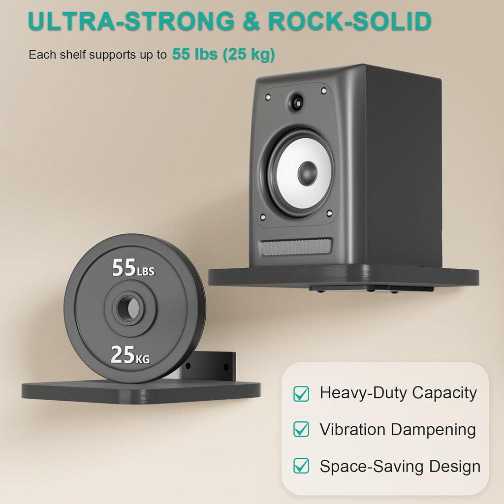 WALI Speaker Wall Mount, Heavy Duty Bookshelf Speaker Floating Wall Shelves, Surround Sound Speakers Stand for Living Room, Home Theater and Gaming Room, Holds up to 55 Lbs, (SWM302B), 1 Pair, Black