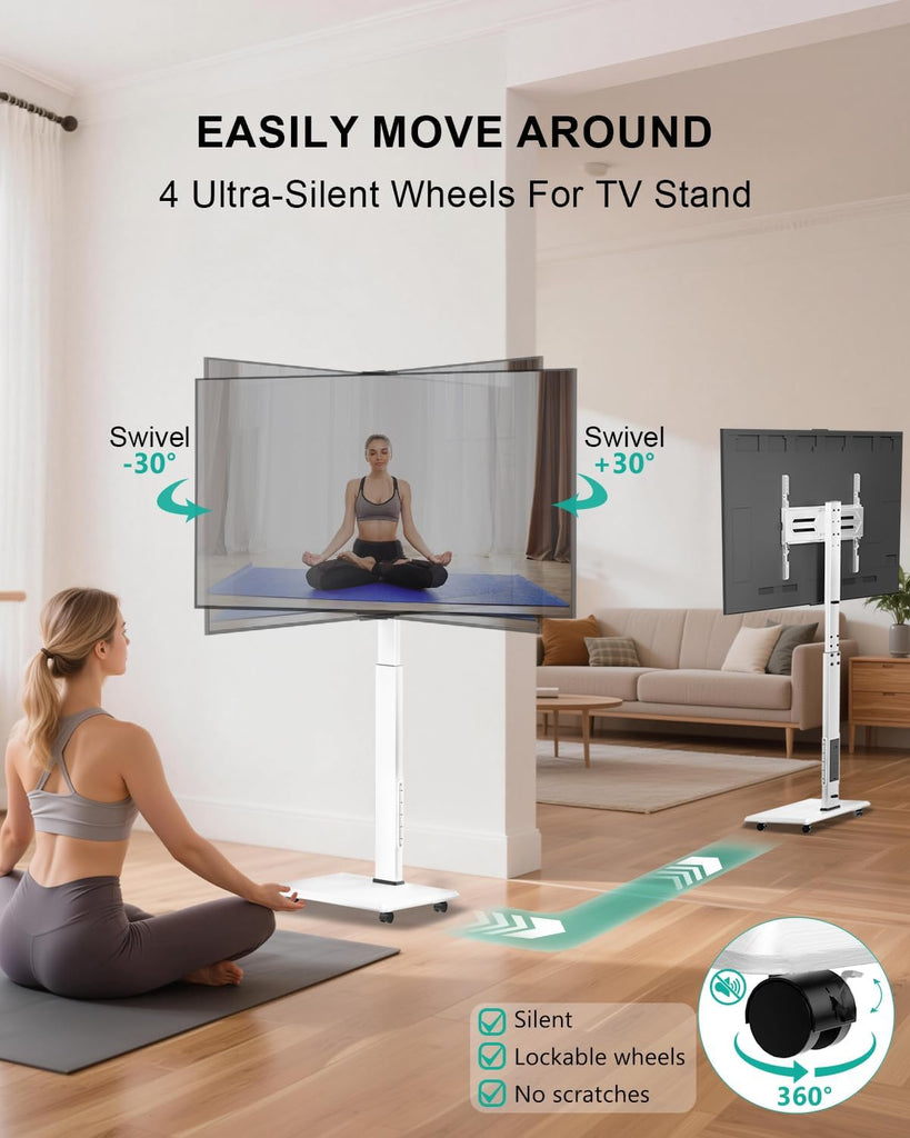 WALI Rolling TV Stand with Power Outlet, Mobile Tall TV Stand Mount on Wheels for 39-75 inch TV up to 110 lbs, Swivel Height Adjustable TV Cart with Wood Base for Bedroom(TVDVD-7PRW), White