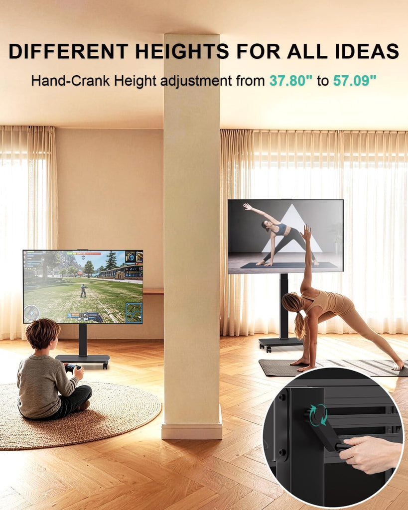 WALI Rolling TV Stand with Hand Crank Lift, Mobile Tall Television Stand Mount on Wheels for 30-70” TVs up to 110 lbs, Swivel Height Adjustable TV Cart with Wood Base for Bedroom(TVDVD-7MR), Black