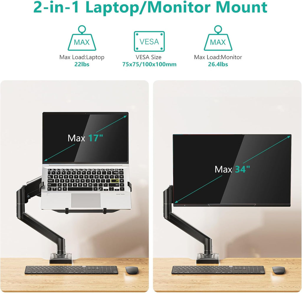 WALI Laptop Desk Mount, 2-in-1 Monitor Mount Fits up to 17” Notebook and 34” Monitors, Laptop Stand for Desk Adjustable Height, Monitor Arm with Laptops Holder, Max Holds 22-26.4lbs(GSMP001LPN), Black