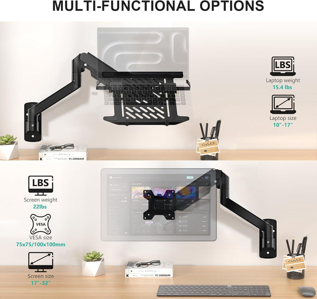 WALI Laptop Wall Mount, Fully Adjustable Laptop Arm Fits 10 to 17" Notebook, 2-in-1 Monitor Wall Mount for 17 to 32" Computer Screen, Holds up to 15.4-22lbs(GSWM001NLP), Black