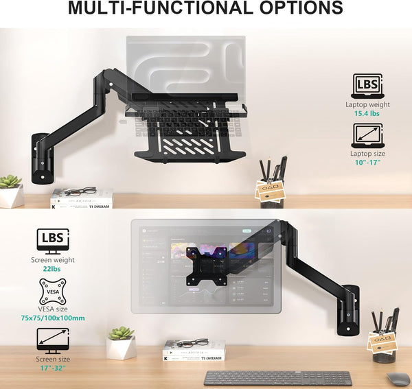 WALI Laptop Wall Mount, Fully Adjustable Laptop Arm Fits 10 to 17