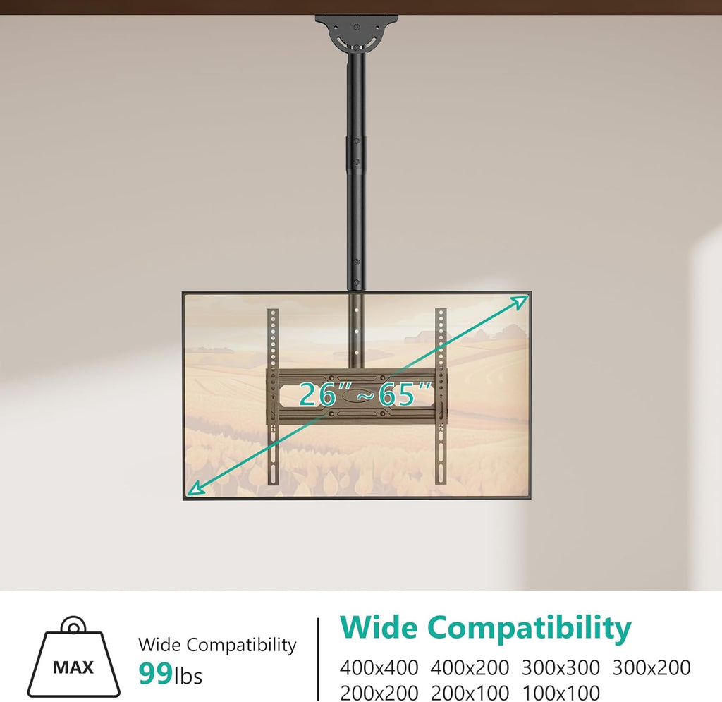 WALI Ceiling TV Mount Long Arm, Full Motion Adjustable Bracket Fits Most LED, LCD TVs 26 to 65 inch, up to 99lbs, Height Extension up to 35.8 Inch, Mounting Holes up to 400x400mm (CM2665XL-P), Black