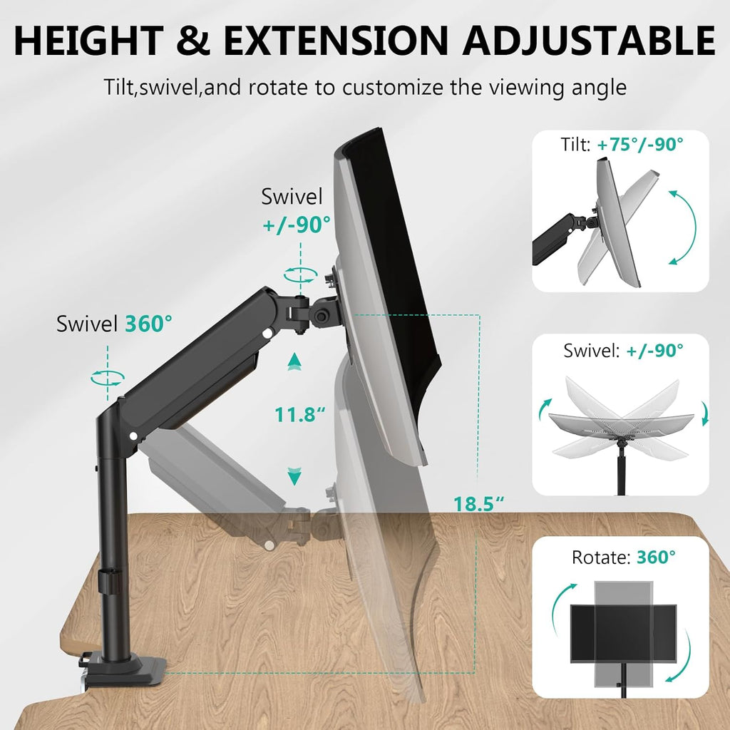 WALI Single Monitor Arm Desk Mount for 13-32 Inch Screens, Premium Gas Spring Monitor Stand with Full Motion Tilt, Swivel, Rotation, Holds up to 19.8 lbs, C-Clamp Mount for VESA 75/100mm (GSDM001S)