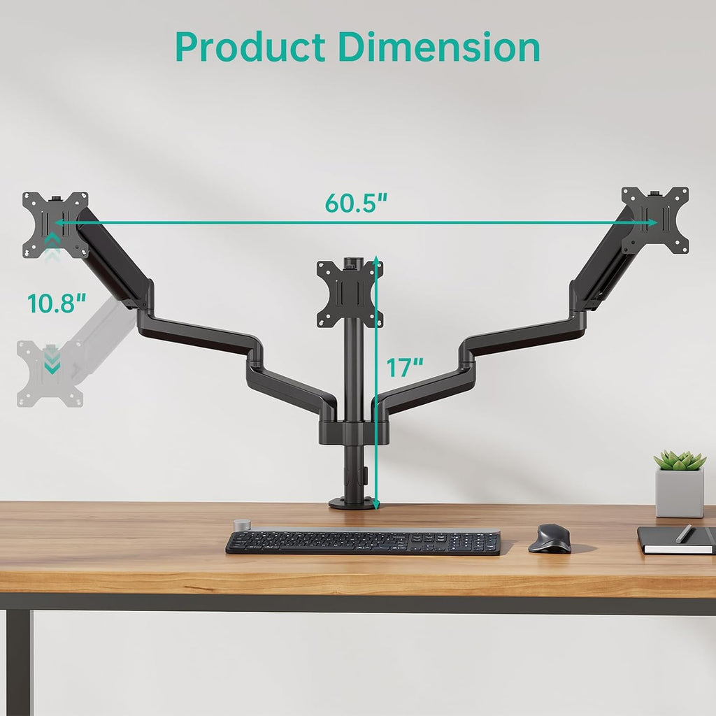 WALI Triple Monitor Mount for 13-32 inch Screens, up to 17.6 lbs per Arm | Adjustable 3 Monitor Desk Mount with Swivel, Tilt, Rotation, Triple Monitor Stand for Desk, VESA 75/100mm (GSDM003), Black