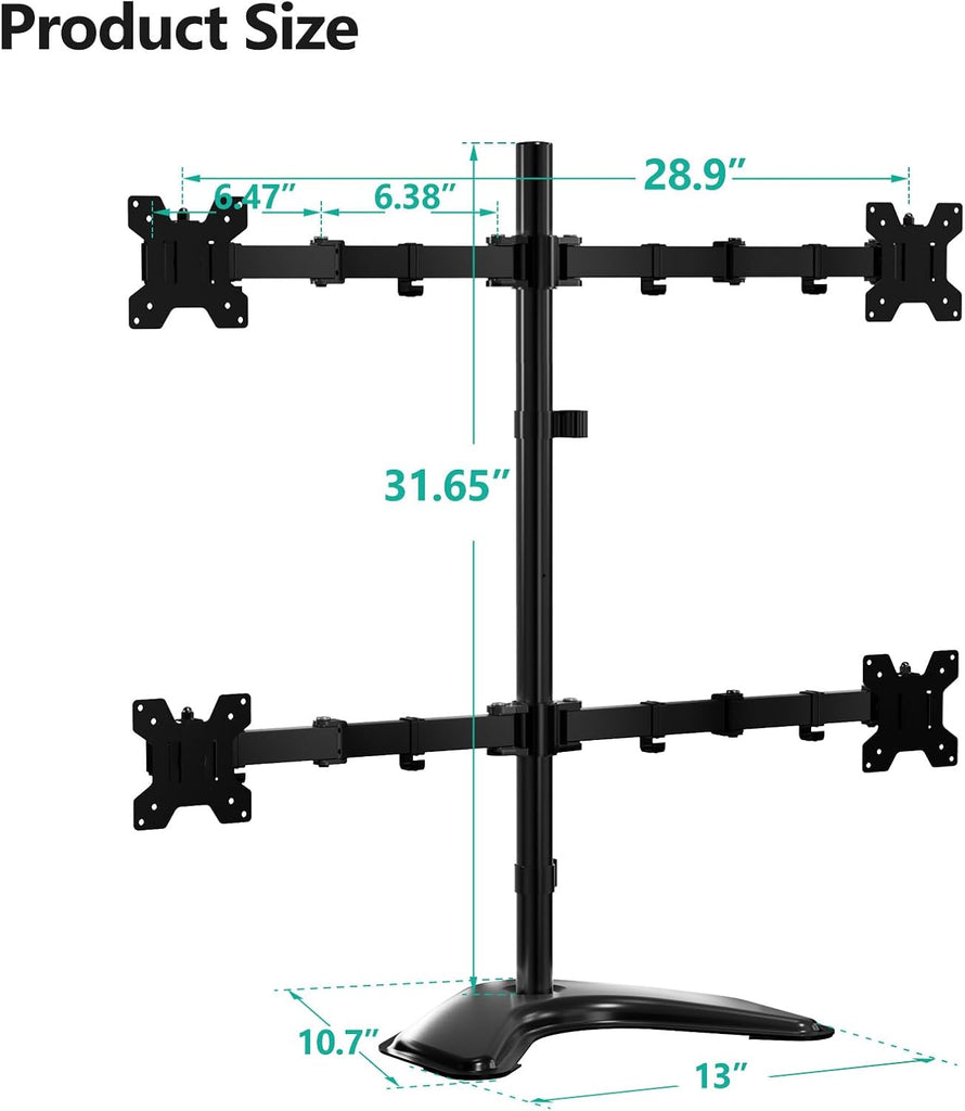 WALI Adjustable 4 Monitor Mount for Max 27 inch Screens, 17.6lbs per Arm Freestanding Quad Monitor Stand, Stacked 4 Desk Arm with Tilt, Swivel, Rotation, VESA 75x75/100x100mm (MF004), Black