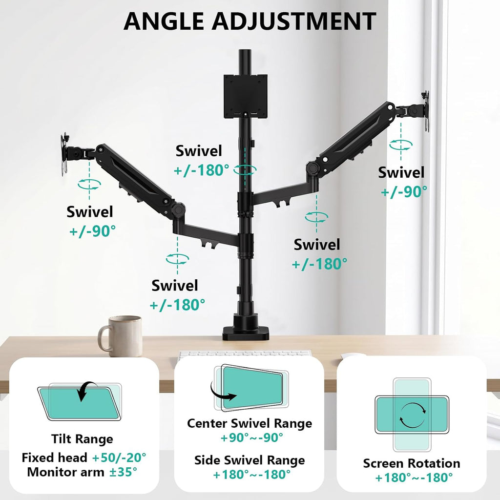 WALI Triple Monitor Mount, up to 49'' Ultrawides on Top Bracket and 34'' Screens on Side Brackets, Extra Tall 3 Monitors Desk Mount, Heavy Duty Monitor Arm up to 44 lbs (GSDM003N-P), Black