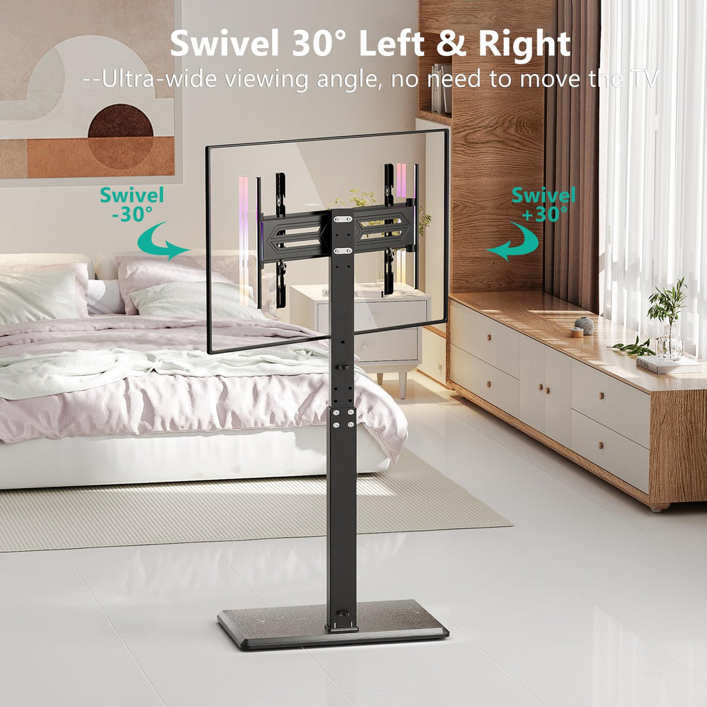 WALI Floor TV Stand with LED Lights, Tall TV Stand Mount for 32-75 inch TV up to 110 lbs, Swivel and Height Adjustable TV Stand with Wood Base for Bedroom, Office(TVDVD-7L), Black