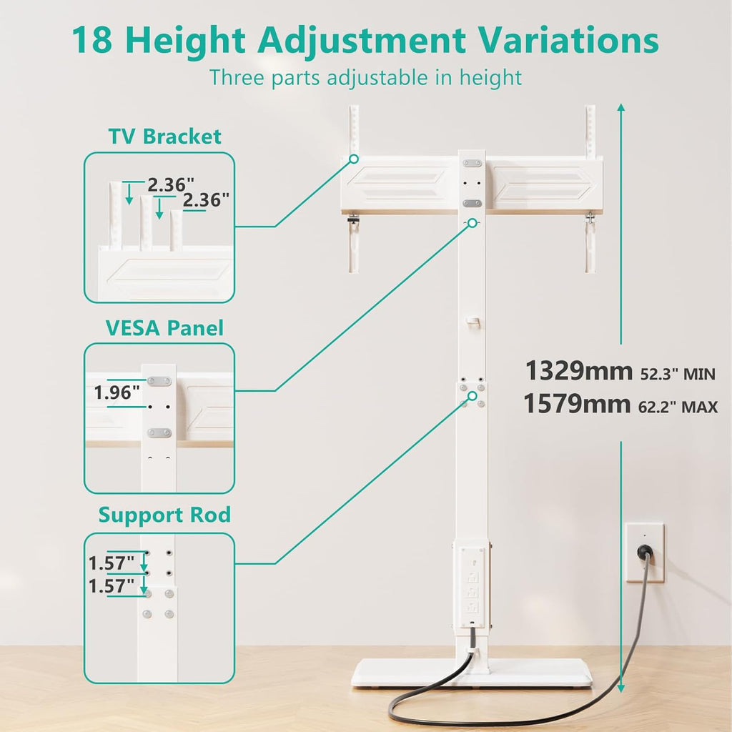 WALI Floor TV Stand with Power Outlet, Tall TV Stand Mount for 32-75 inch TVs up to 110 lbs, Swivel and Height Adjustable TV Stands with Wood Base for Bedroom, Office(TVDVD-7PW), White