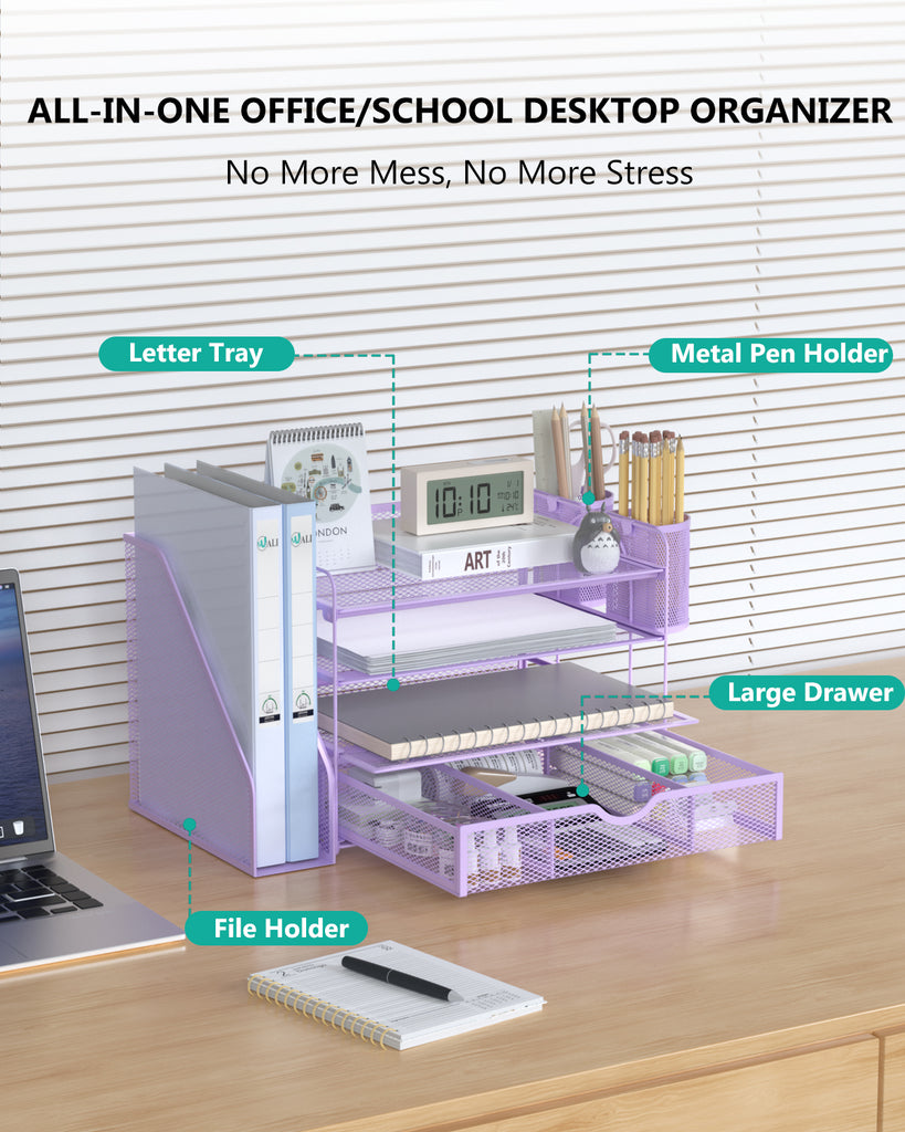 WALI Desk File Organizer, 4 Tier Desktop Paper Letter Tray Organizer with Drawer and 2 Pen Holders, Office Desk Accessories & Workspace Organizers for Office, Home Supplies(DO005DH-V), 1 Pack, Purple